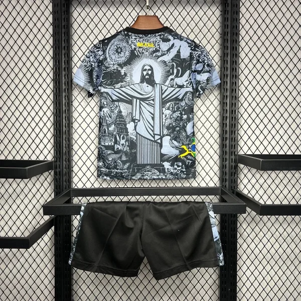 2024 Brazil Special Edition Jesus Black Gray Soccer Jersey Kids Size